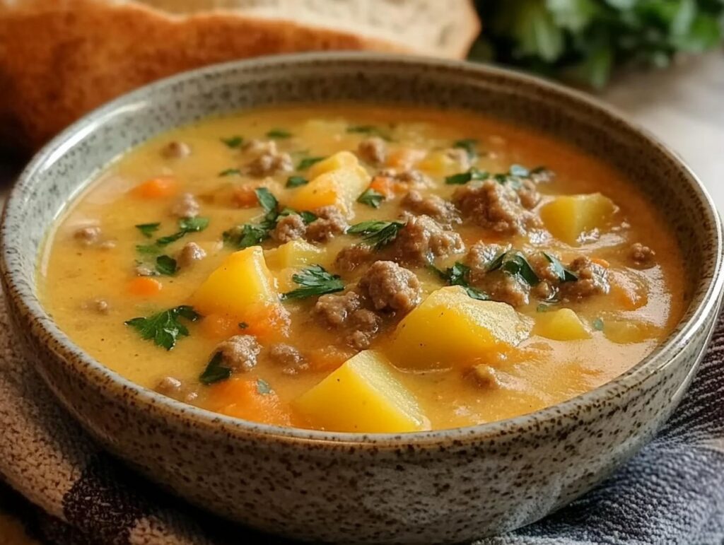 Creamy hamburger potato soup in a rustic bowl topped with parsley and cheddar cheese