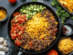 Multiple Preparation Steps For Cheesy Ground Beef Skillet With Vegetables