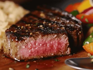 Sliced Portion Of Seared Steak Revealing A Pink, Juicy Interior With Crispy, Caramelized Edges
