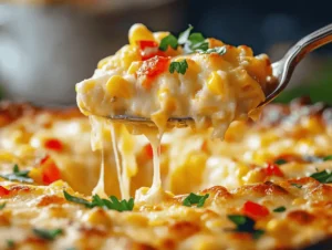 Spoon Lifting A Serving Of Cheesy Corn Casserole With Bell Peppers