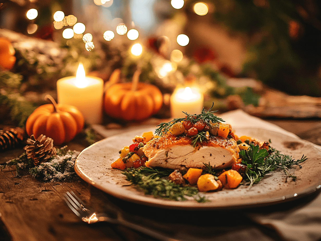 Roast turkey breast with cranberries, squash, and herbs on a festive table with candles and pumpkins in the background.