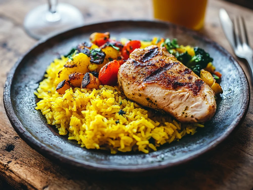 A plate of golden yellow rice with turmeric and saffron, grilled chicken breast, and sautéed vegetables on a wooden table.