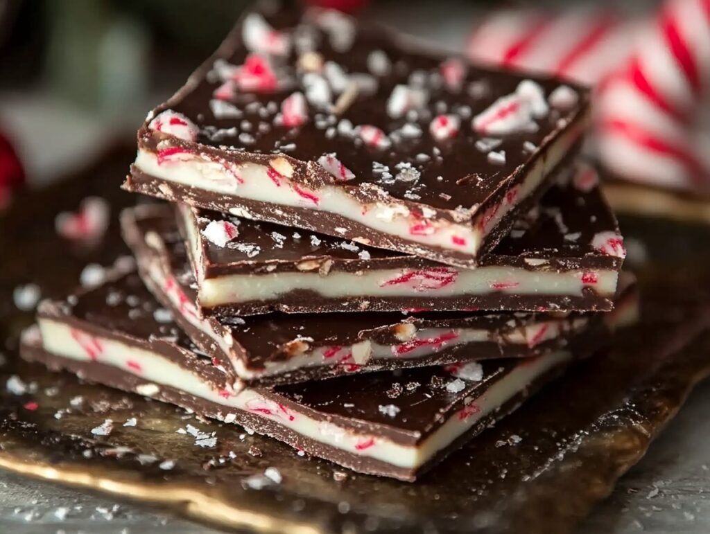 A Close Up Of Peppermint Bark Layered With Dark