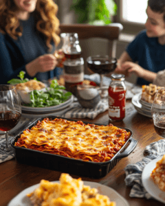 Two families sharing lasagna: one enjoying Italian Lasagne alla Bolognese, the other eating American-style lasagna in cozy kitchens.