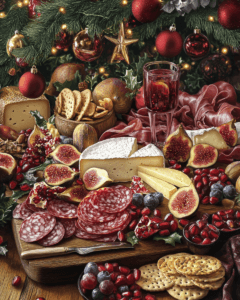 A cheese and meat platter with holiday garnishes