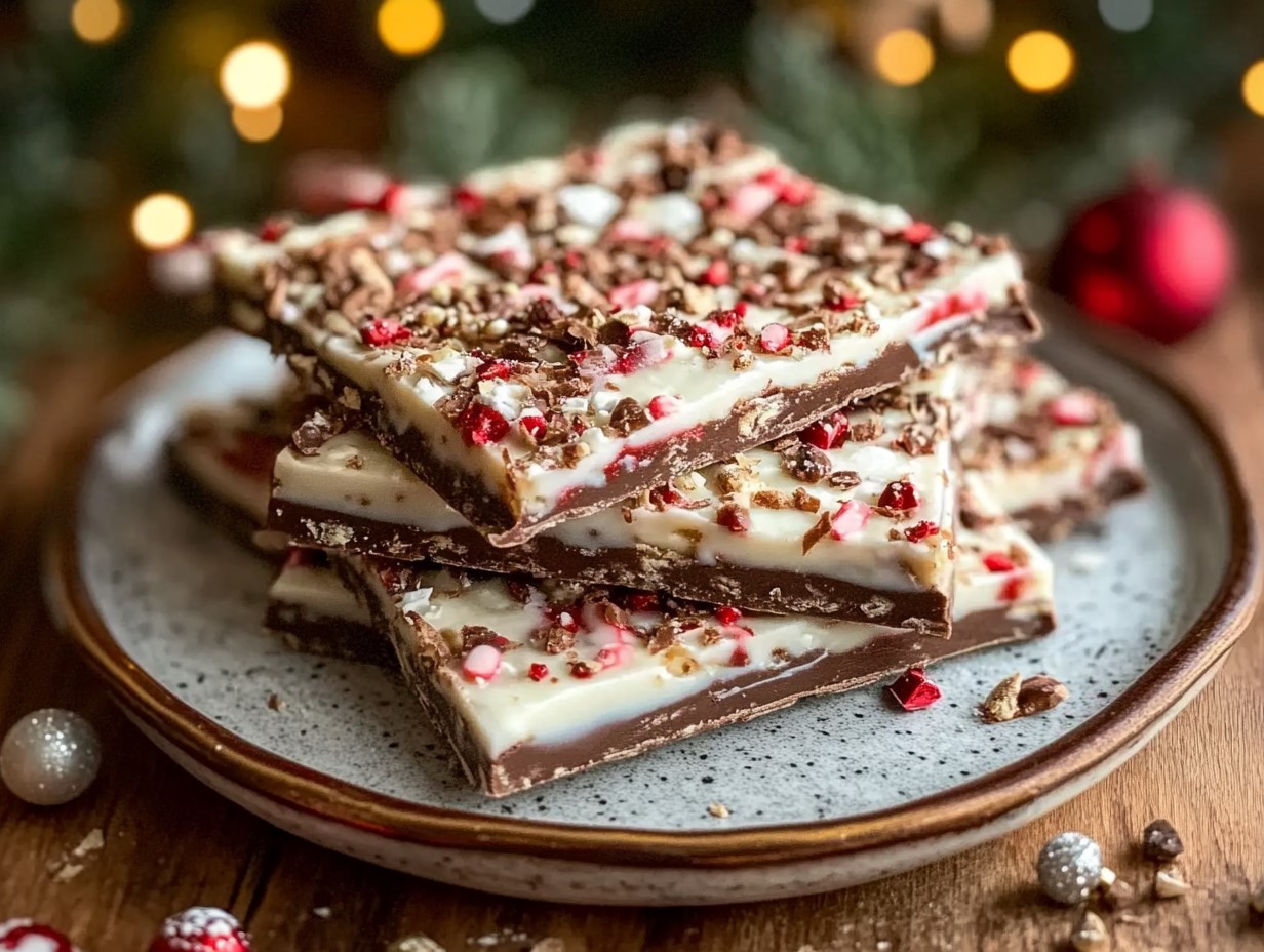 A Festive Plate Of Christmas Bark With Layers