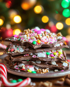 A flat layer of Christmas bark with chocolate and toppings like crushed candy canes and nuts, displayed on a holiday-themed table.