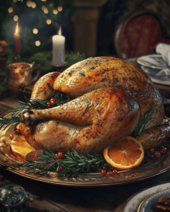 A roasted turkey garnished with herbs and citrus slices