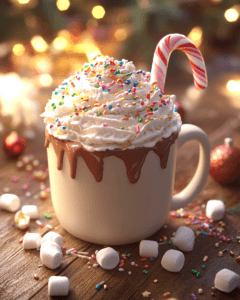 A steaming mug of hot chocolate topped with fluffy whipped cream, colorful sprinkles, mini marshmallows, and a candy cane, placed on a wooden table with Christmas decorations, twinkling lights in the background, ultra-realistic and highly detailed, 4k resolution.