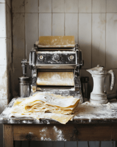 Rustic Italian kitchen with fresh pasta sheets, a dictionary showing the words 'lasagna' and 'lasagne,' and a vintage pasta machine.