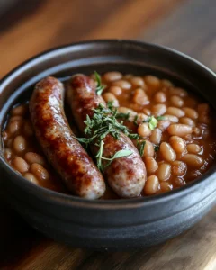 A Rustic Bowl Of Baked Beans Garnished With Fresh
