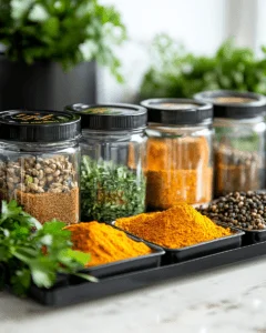 A Spice Rack With Labeled Jars Of Turmeric Cumin