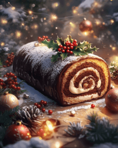 A traditional Yule Log cake with holiday decorations