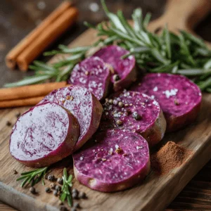 A Vibrant Flat Lay Of Purple Sweet Potatoes Olive