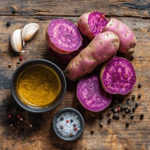 A Vibrant Flat Lay Of Purple Sweet Potatoes Olive
