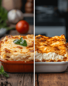Split image of Italian lasagne with béchamel on a rustic table and American lasagna with ricotta and mozzarella in a modern setting.