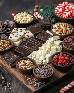 Close-up view of dark, milk, and white chocolate bars arranged on a wooden surface, surrounded by small bowls of toppings like dried fruits, nuts, and crushed candy canes.
