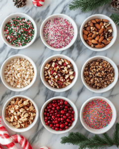Overhead shot of a festive kitchen countertop with bowls of chopped nuts, dried cranberries, colorful sprinkles, and crushed candy canes prepared for decorating Christmas bark.