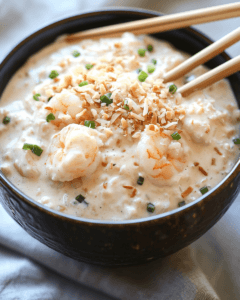 Creamy coconut shrimp in a Thai bowl with chopsticks and toasted coconut flakes