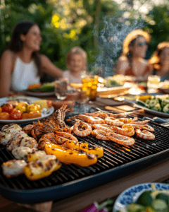 Family at a backyard BBQ with shrimp grilling and vegetables, a vibrant summer gathering