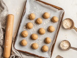 Cookie dough balls ready to be baked on a tray