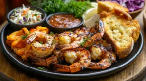 What Goes with Barbecue Shrimp? A plate of barbecue shrimp served with side dishes like cornbread, coleslaw, and grilled vegetables.
