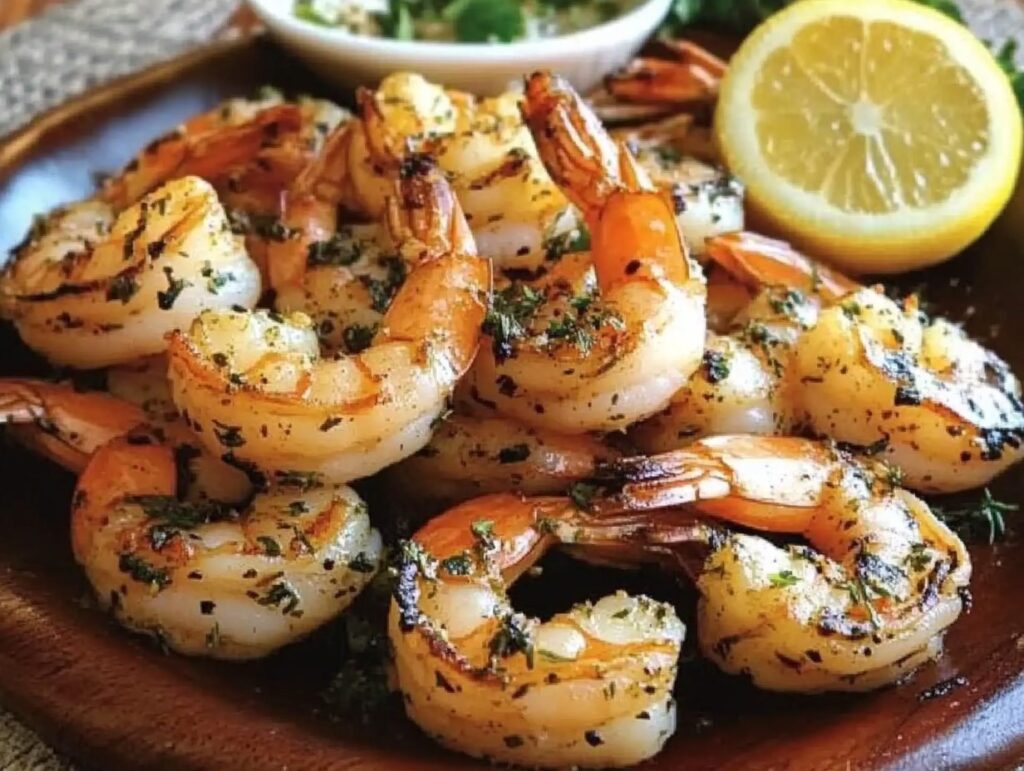 Barbecued Shrimp With Herbs And Lemon On A Rustic Table
