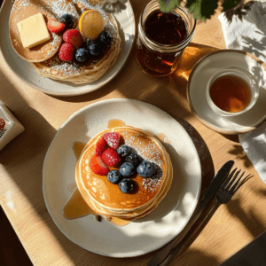 A breakfast table featuring two plates: one with fluffy hotcakes and the other with thin pancakes, alongside butter, syrup, and fresh fruit.