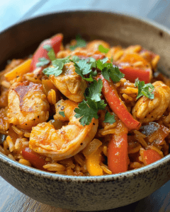 A colorful Cajun dish with chicken, shrimp, and rice.