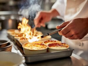 Chef caramelizing sugar on crème brûlée with a kitchen torch