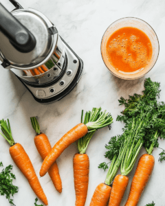 Chopped carrots and a juicer with fresh carrot juice on a countertop.