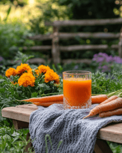 Glass of carrot juice on a picnic table in a garden with flowers and fresh vegetables