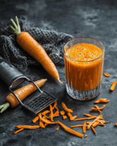 Fresh carrot juice beside unpeeled carrots and a peeling tool, evoking a rustic kitchen setting