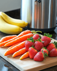 Carrots with strawberries and bananas on a cutting board in a kitchen.