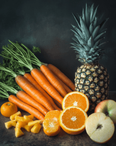Fresh carrots with oranges, apples, and pineapple slices on a rustic table.