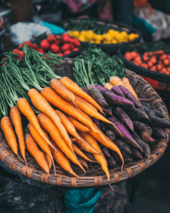 A basket of fresh, organic carrots in various colors at a vibrant market setting.