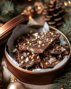 Christmas bark stored in a festive tin with a tight lid, lined with wax paper, surrounded by holiday decorations like pinecones and baubles