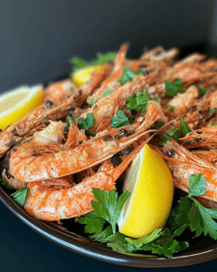 Grilled shrimp with lemon wedges and herbs on a platter