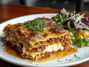 Layered lasagna with ground meat and ricotta cheese