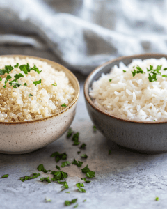 Cooked quinoa next to cooked rice