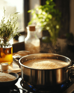 Cooking quinoa rice on the stove with fresh ingredients