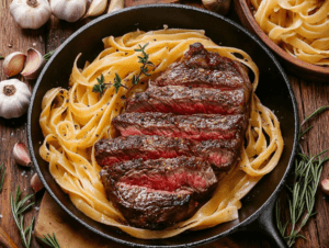 Cast-iron skillet with ribeye steak and pasta prep ingredients