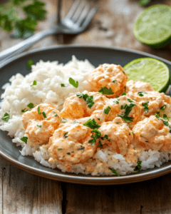 A plate of creamy coconut shrimp with rice and lime wedge on a rustic wooden table