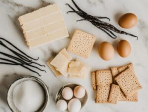 Ingredients for crème brûlée cheesecake on a marble countertop