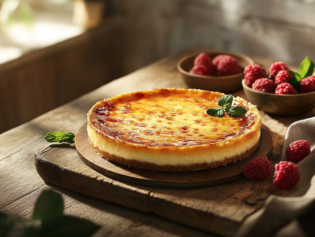 A crème brûlée cheesecake with caramelized sugar topping and raspberries