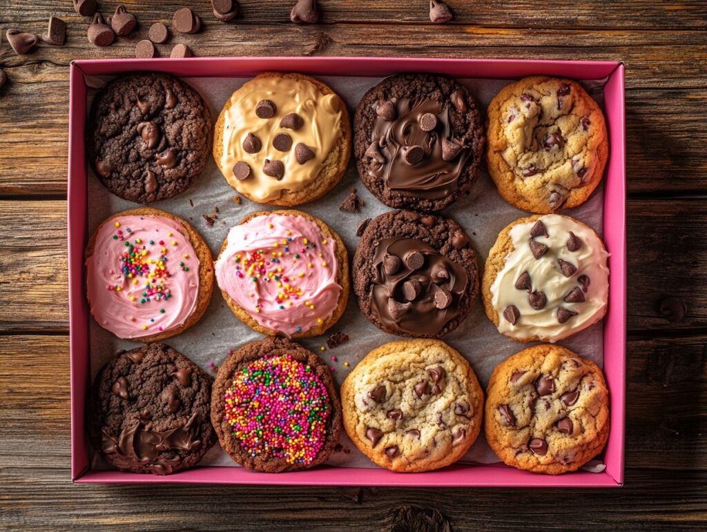 An assortment of Crumbl cookies in their pink box.