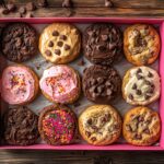 An assortment of Crumbl cookies in their pink box.