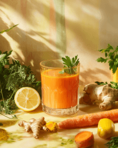 Ingredients like ginger and turmeric near a glass of carrot juice