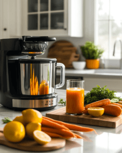 Fresh carrots and tools for juicing laid out on a kitchen counter.