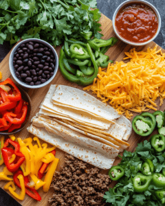 Tortillas, black beans, ground beef, and cheese for Mexican lasagna.